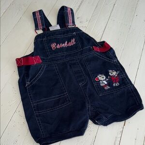 🍄18m VTG 1980s Kids Navy Blue Baseball embroidered cargo Overalls
